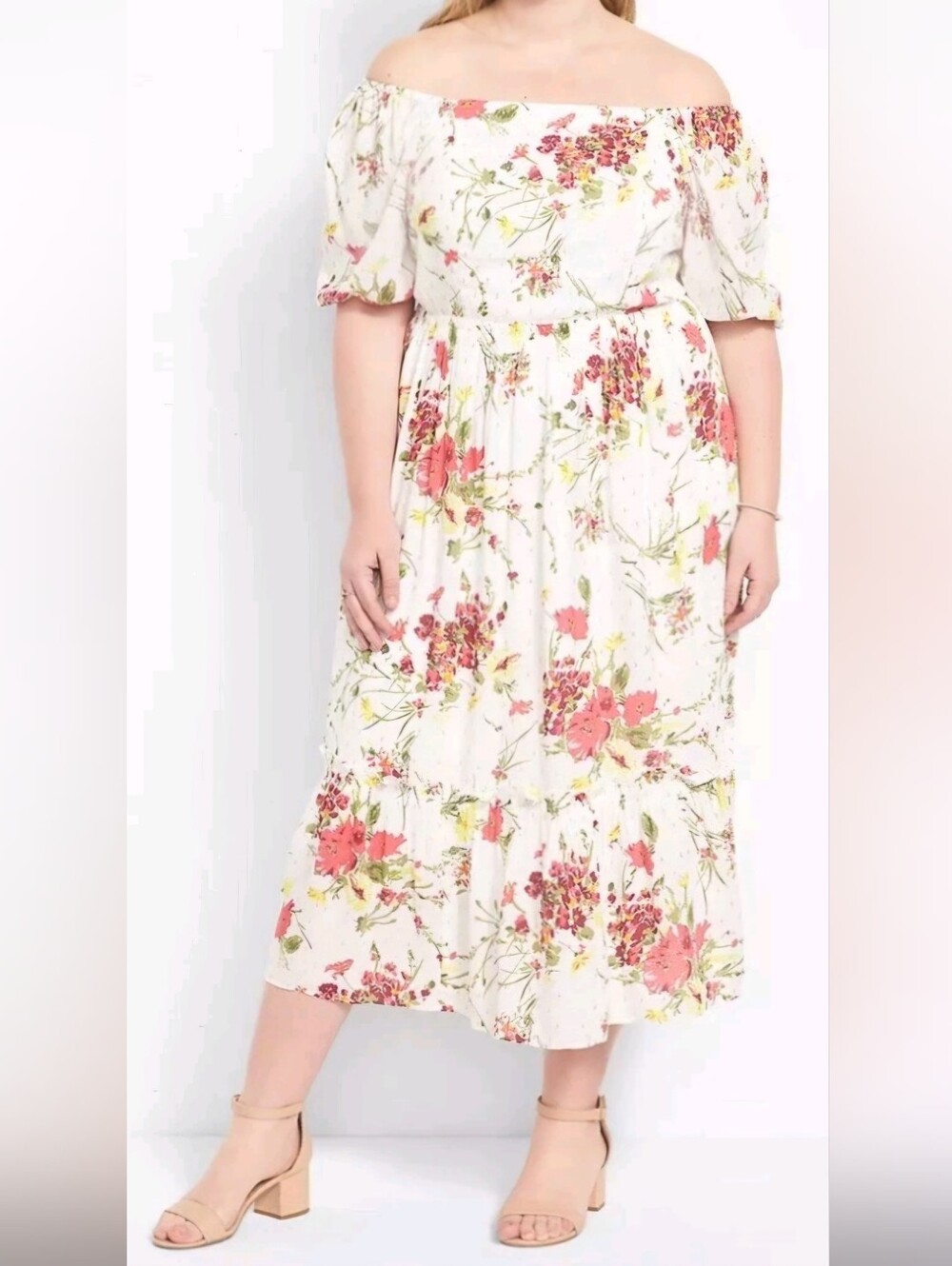Lane Bryant Convertible Puff-Sleeve Tiered Midi Floral Dress White Gold Dot Sz24